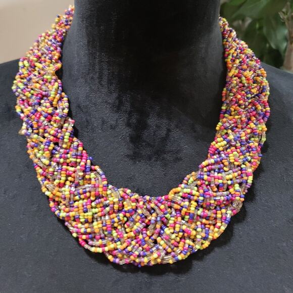 Unbranded Jewelry - Womens Wide Braided Seed Bead Multi Strand Statement Necklace with Lobster Clasp